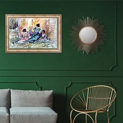 «Сидящие женщины» в интерьере классической гостиной с зеленой стеной над диваном