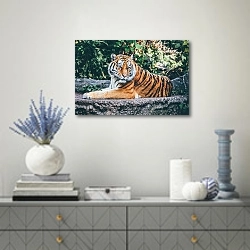 «Отдыхающий тигр на камне» в интерьере современной гостиной с голубыми деталями