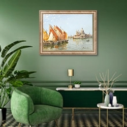«Fishing boats, Venice» в интерьере гостиной в зеленых тонах