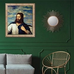 «The Saviour, c.1553» в интерьере классической гостиной с зеленой стеной над диваном