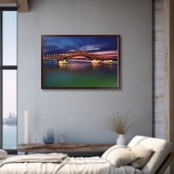 «Греция. Остров Лефкада. Мост и лиловый вечер» в интерьере современной гостиной с желтым креслом
