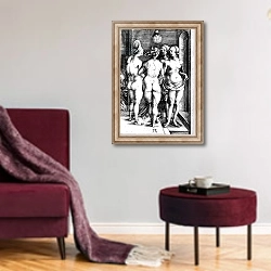 «The Four Witches, 1497» в интерьере гостиной в бордовых тонах