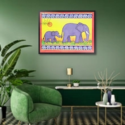 «Elephants 2» в интерьере классической гостиной с зеленой стеной над диваном