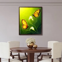 «Бабочки над цветками каллы на зеленом фоне» в интерьере столовой в классическом стиле