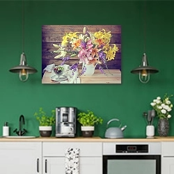 «Натюрморт с букетом лилий и крыжовником » в интерьере кухни с зелеными стенами