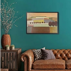 «Roussillon Landscape» в интерьере гостиной с зеленой стеной над диваном