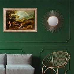 «Пейзаж с радугой» в интерьере классической гостиной с зеленой стеной над диваном