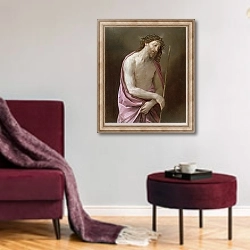 «The Man of Sorrows, c.1639» в интерьере гостиной в бордовых тонах