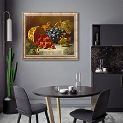 «Still Life with Raspberries and a Bunch of Grapes on a Marble Ledge, 1882» в интерьере современной кухни в серых цветах