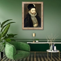 «Portrait of Antonio Perez, Secretary of Felipe II» в интерьере гостиной в зеленых тонах