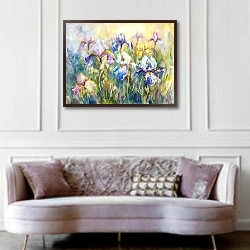 «Touching tenderness of flowers. Irises» в интерьере гостиной в классическом стиле над диваном