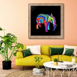«Абстрактный слон на черном фоне» в интерьере гостиной в стиле поп-арт с желтым диваном