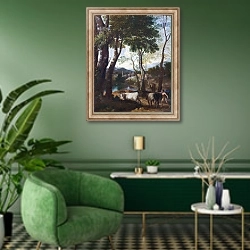 «Пейзаж с коровами» в интерьере гостиной в зеленых тонах