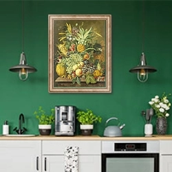 «Still Life with Fruit» в интерьере кухни с зелеными стенами
