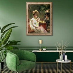 «In Love, 1907» в интерьере гостиной в зеленых тонах