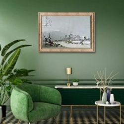 «Windsor Castle: from the Thames, 19th century» в интерьере гостиной в зеленых тонах