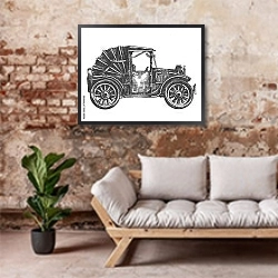 «Иллюстрация с ретро-автомобилем с откидным кузовом» в интерьере гостиной в стиле лофт над диваном