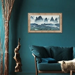 «Маленький китайский домик в горах» в интерьере зеленой гостиной в этническом стиле над диваном