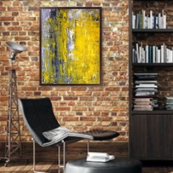 «Чёрно-жёлтая абстракция» в интерьере кабинета в стиле лофт с кирпичными стенами