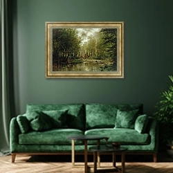 «Лес в Вёле. Нормандия» в интерьере зеленой гостиной над диваном