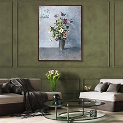 «Still life with flowers» в интерьере гостиной в оливковых тонах