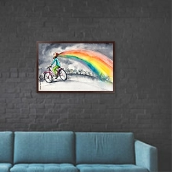 «Человек на велосипеде с радугой» в интерьере в стиле лофт с черной кирпичной стеной