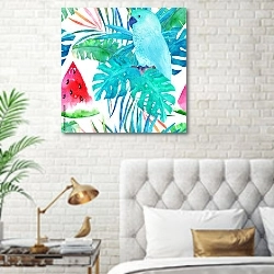 «Летний узор с голубым попугаем, пальмовыми листьями и арбузом » в интерьере современной спальни в белом цвете с золотыми деталями