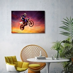 «Мотоциклист в прыжке на фоне заката» в интерьере современной гостиной с желтым креслом