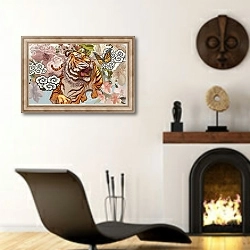 «Тигр и бабочка на фоне вишневых цветов» в интерьере гостиной в этническом стиле над камином