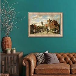 «Голландский городок» в интерьере гостиной с зеленой стеной над диваном