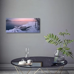 «Шатура, Россия. Зима на Шатурских озерах» в интерьере современной гостиной в серых тонах