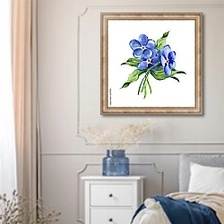 «Три голубые незабудки» в интерьере спальни в стиле прованс с синими деталями
