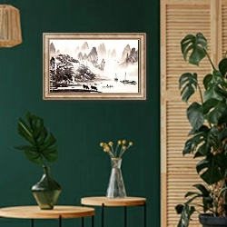 «Китайский пейзаж с горным озером» в интерьере в этническом стиле с зеленой стеной