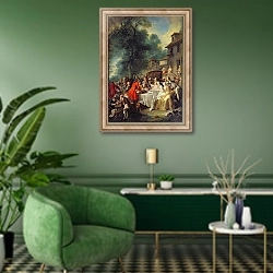 «The Hunt Lunch, 1737 2» в интерьере гостиной в зеленых тонах