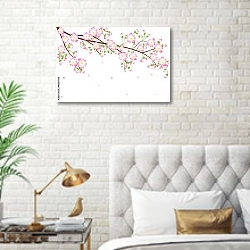«Ветка цветущей вишни с падающими лепестками» в интерьере современной спальни в белом цвете с золотыми деталями