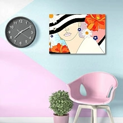 «Девушка в шляпе 4» в интерьере комнаты в стиле поп-арт в розово-голубых цветах