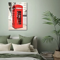 «Лондон. Телефонная будка» в интерьере современной спальни в зеленых тонах