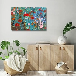«Брызги краски на абстрактной картине с цветами» в интерьере современной комнаты над комодом