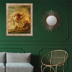 «Bellerophon Riding Pegasus Fighting the Chimaera, 1635» в интерьере классической гостиной с зеленой стеной над диваном
