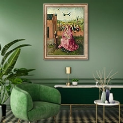 «Дева Мария с младенцем со Святыми и даритель» в интерьере гостиной в зеленых тонах