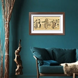 «Masterpieces selected from the Ukiyoyé School, Pl.16» в интерьере зеленой гостиной в этническом стиле над диваном