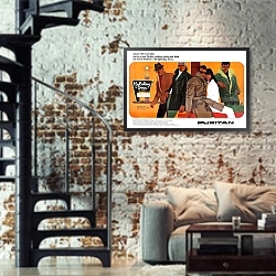 «Ретро-Реклама 171» в интерьере двухярусной гостиной в стиле лофт с кирпичной стеной