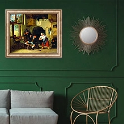 «Интерьер гостиницы с веселящимися крестьянами» в интерьере классической гостиной с зеленой стеной над диваном