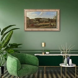 «A view of the Villa Aldobrandini from the Piazza Municipale at Frascati» в интерьере гостиной в зеленых тонах