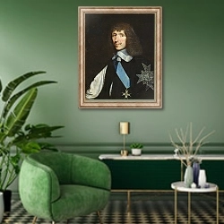 «Leon Bouthilier Comte de Chavigny, after 1643» в интерьере гостиной в зеленых тонах