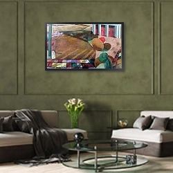 «Sanguine Earth, 2004» в интерьере классической гостиной с зеленой стеной над диваном