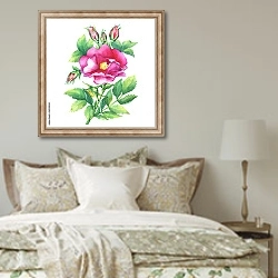 «Веточка цветущей дикой розы с бутонами» в интерьере спальни в стиле прованс над кроватью