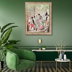 «The Terrace of the Cafe de la Rotonde in 1814» в интерьере гостиной в зеленых тонах