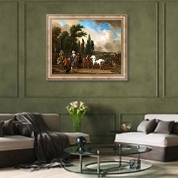 «Пейзаж с нарядными людьми, лошадьми и собаками» в интерьере гостиной в оливковых тонах