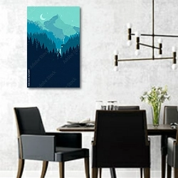 «Пейзаж с лесом, водопадом и домом на фоне гор» в интерьере современной столовой с черными креслами